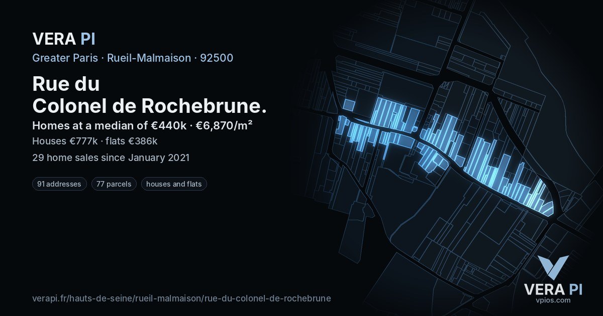 Rue du Colonel de Rochebrune, Rueil-Malmaison at night – every parcel coloured by the prices around it, the street's own parcels lit