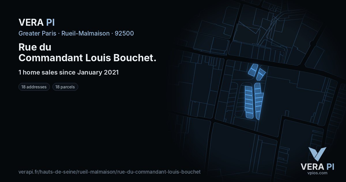 Rue du Commandant Louis Bouchet, Rueil-Malmaison at night – every parcel coloured by the prices around it, the street's own parcels lit