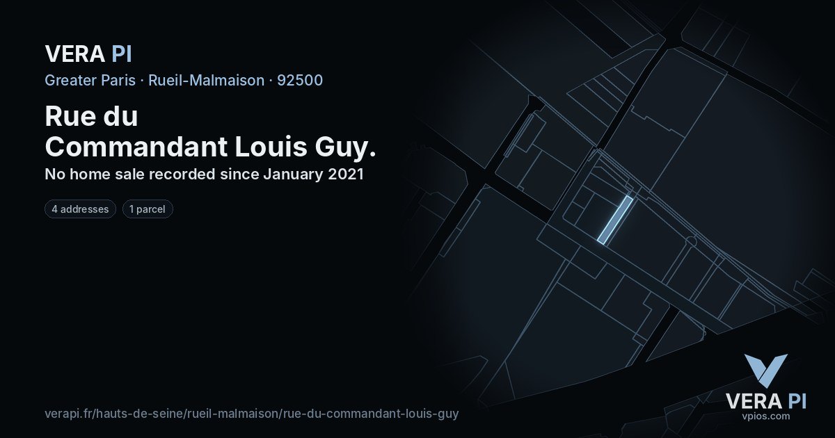 Rue du Commandant Louis Guy, Rueil-Malmaison at night – every parcel coloured by the prices around it, the street's own parcels lit