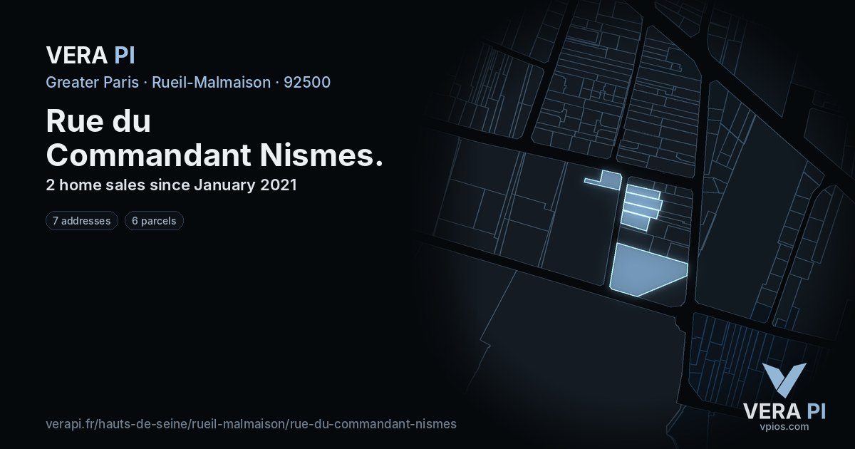 Rue du Commandant Nismes, Rueil-Malmaison at night – every parcel coloured by the prices around it, the street's own parcels lit