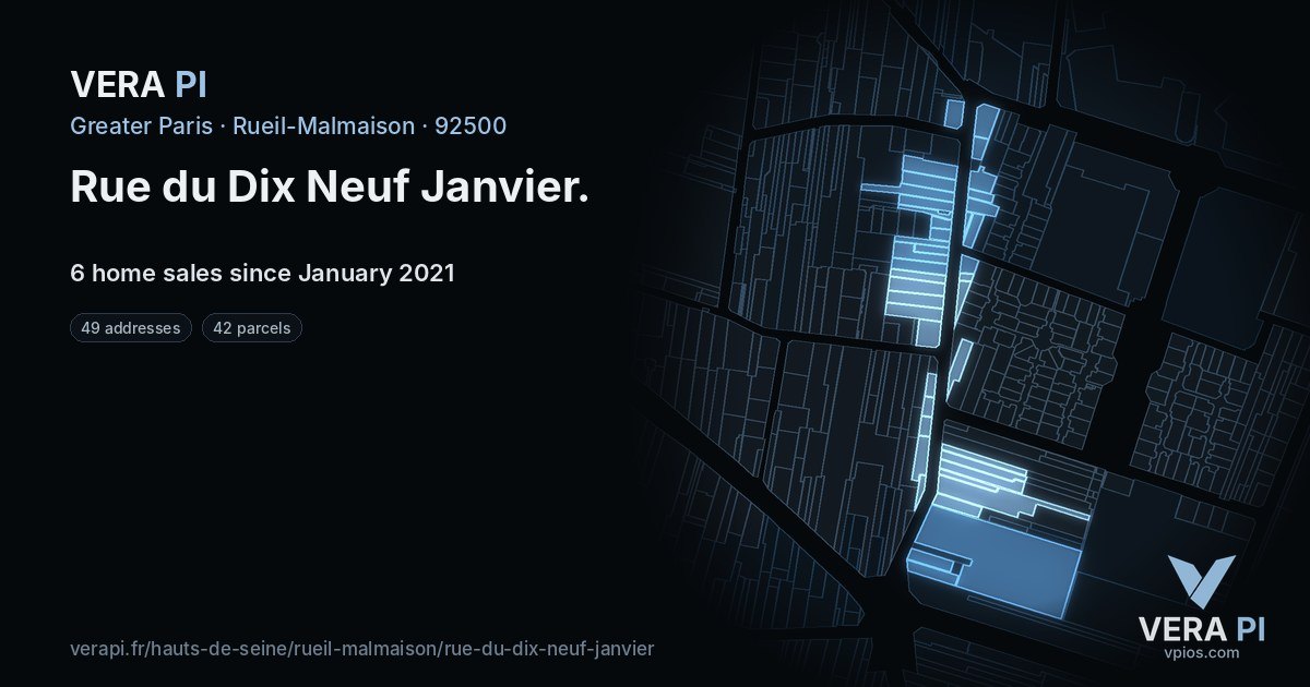 Rue du Dix Neuf Janvier, Rueil-Malmaison at night – every parcel coloured by the prices around it, the street's own parcels lit