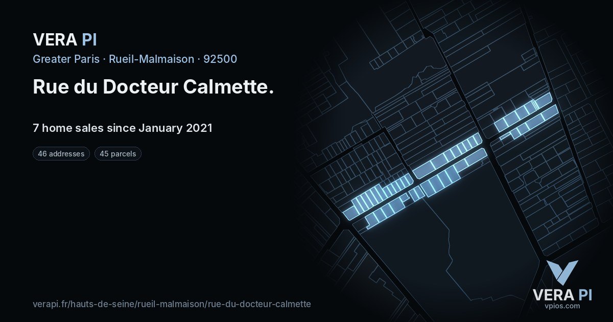 Rue du Docteur Calmette, Rueil-Malmaison at night – every parcel coloured by the prices around it, the street's own parcels lit