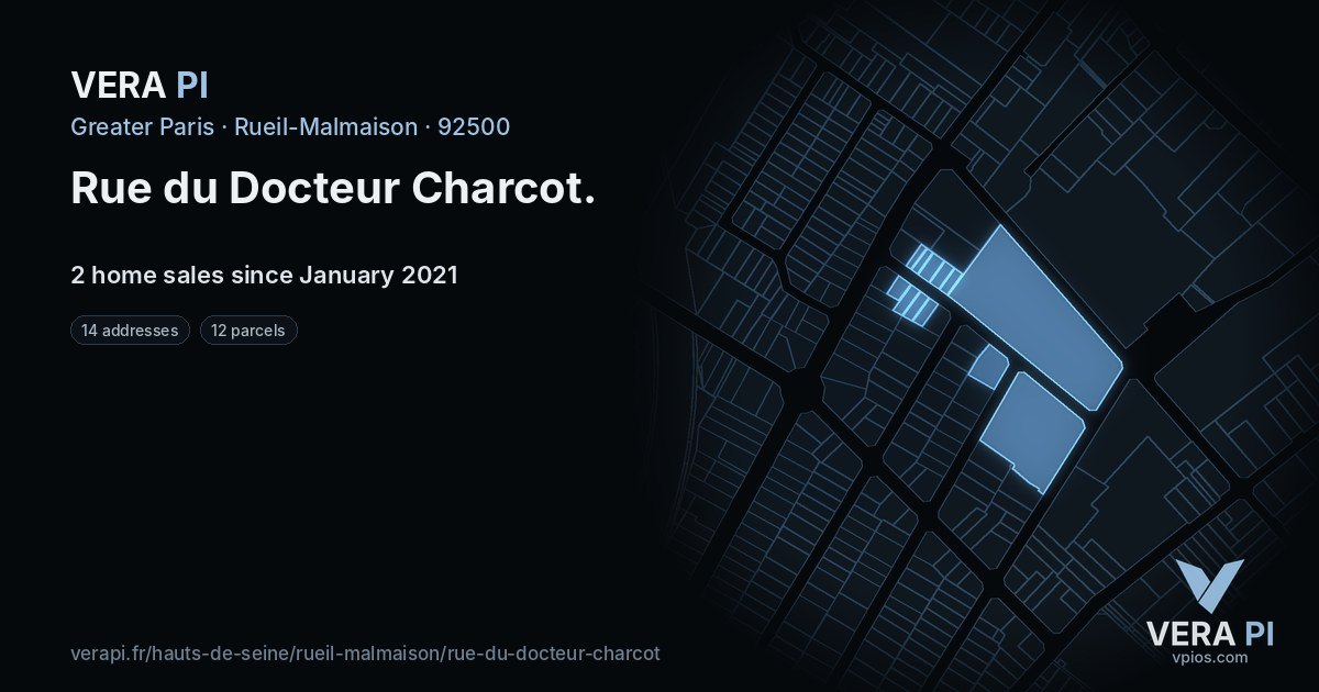 Rue du Docteur Charcot, Rueil-Malmaison at night – every parcel coloured by the prices around it, the street's own parcels lit