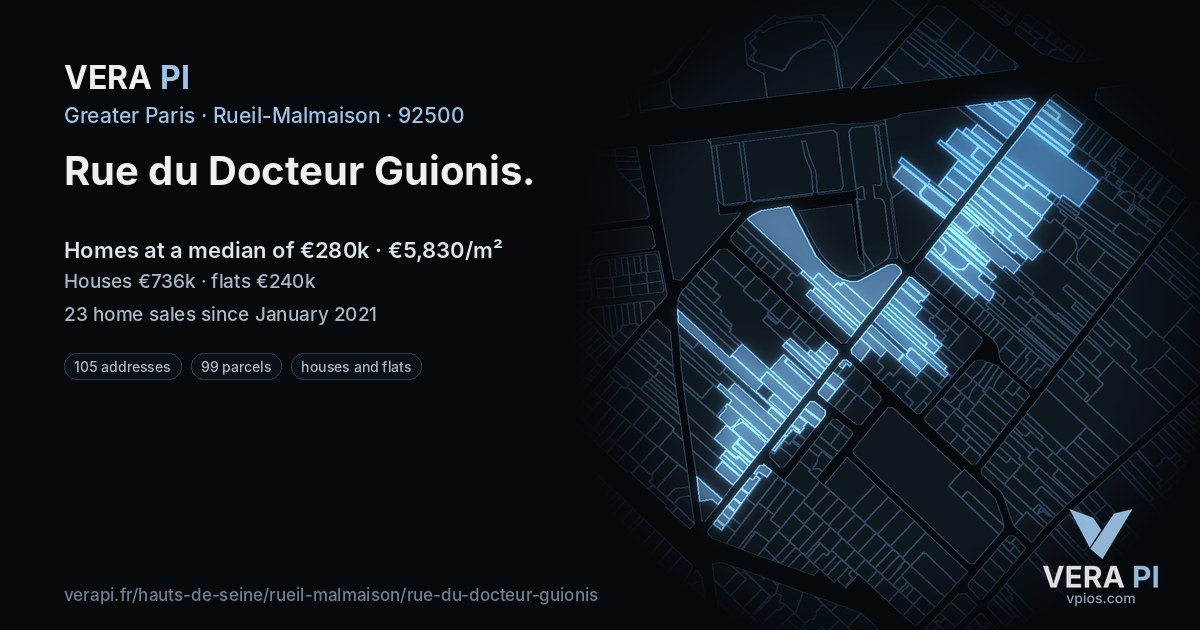 Rue du Docteur Guionis, Rueil-Malmaison at night – every parcel coloured by the prices around it, the street's own parcels lit