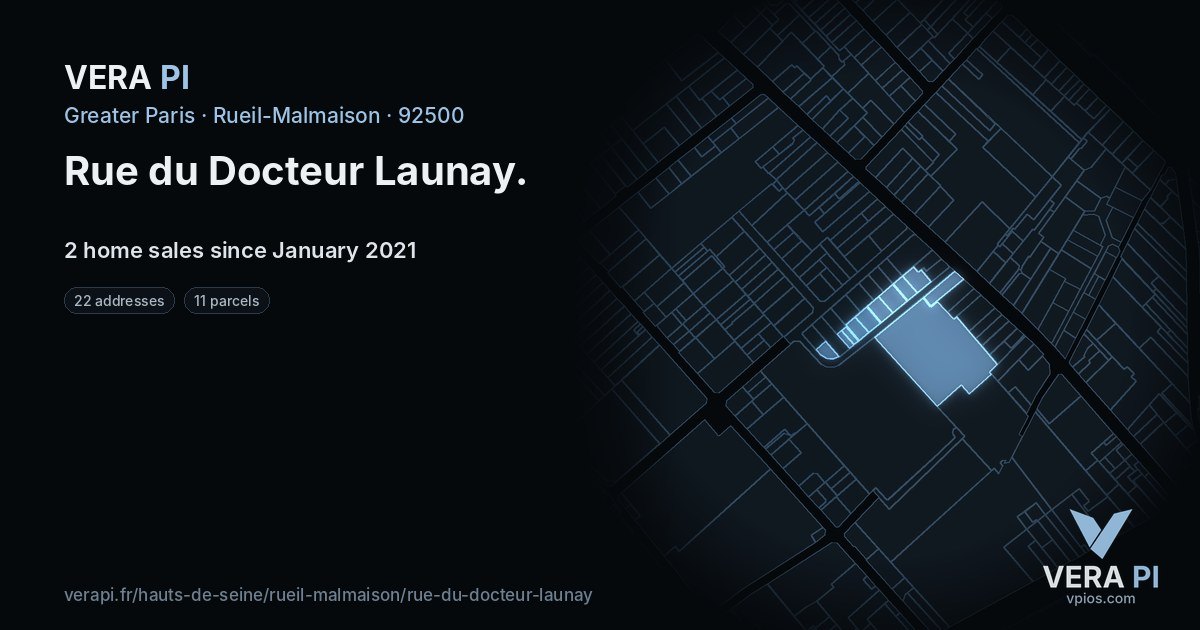Rue du Docteur Launay, Rueil-Malmaison at night – every parcel coloured by the prices around it, the street's own parcels lit