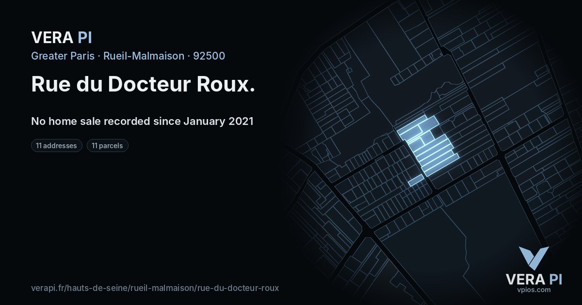 Rue du Docteur Roux, Rueil-Malmaison at night – every parcel coloured by the prices around it, the street's own parcels lit
