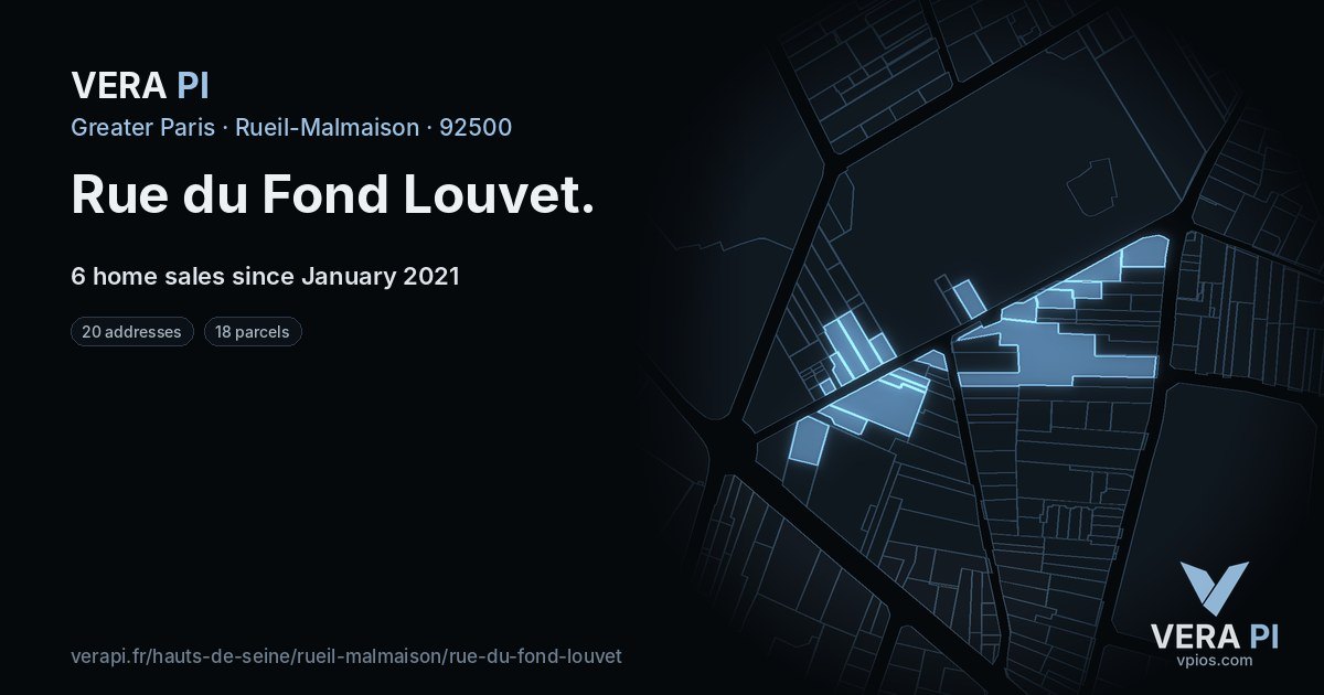 Rue du Fond Louvet, Rueil-Malmaison at night – every parcel coloured by the prices around it, the street's own parcels lit