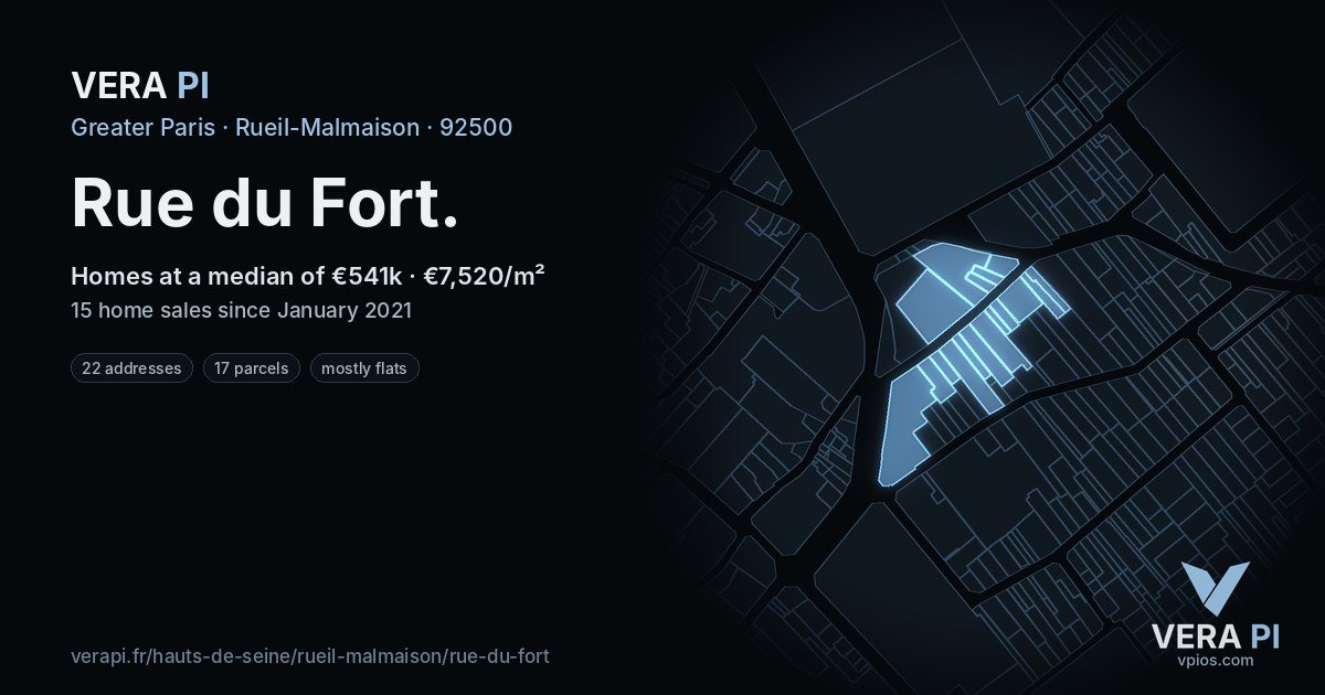 Rue du Fort, Rueil-Malmaison at night – every parcel coloured by the prices around it, the street's own parcels lit