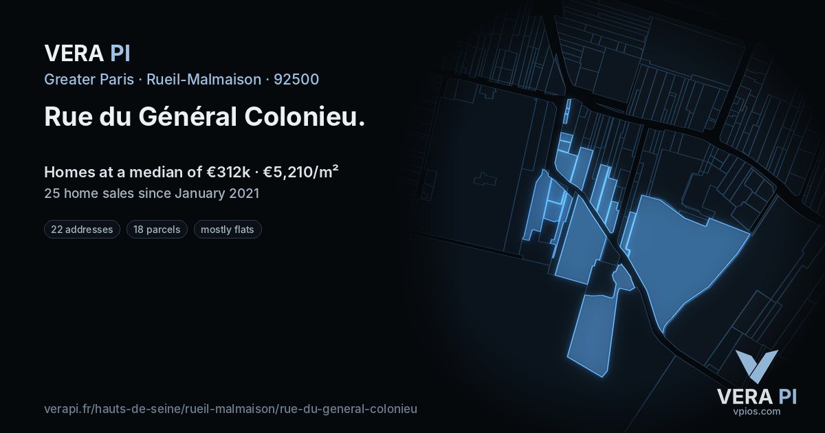 Rue du Général Colonieu, Rueil-Malmaison at night – every parcel coloured by the prices around it, the street's own parcels lit