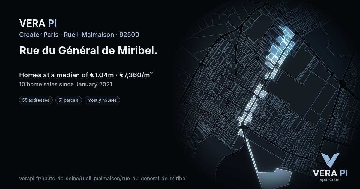 Rue du Général de Miribel, Rueil-Malmaison at night – every parcel coloured by the prices around it, the street's own parcels lit
