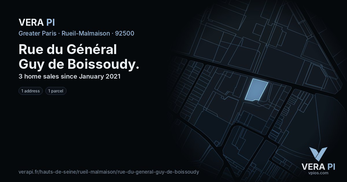 Rue du Général Guy de Boissoudy, Rueil-Malmaison at night – every parcel coloured by the prices around it, the street's own parcels lit