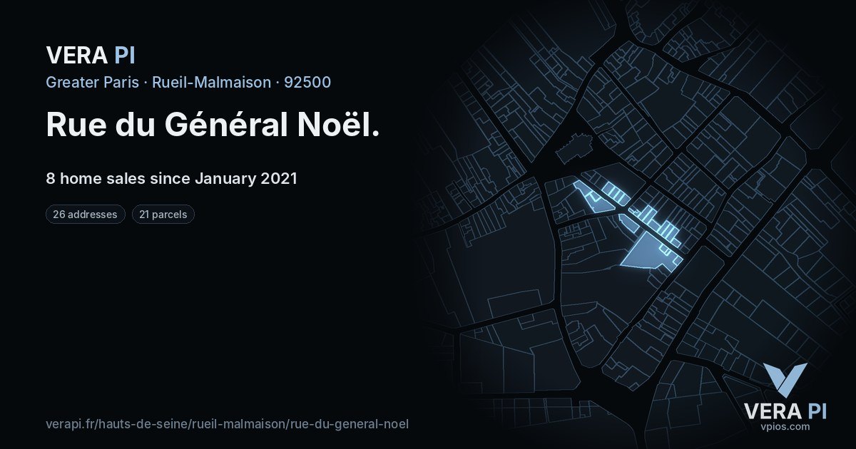 Rue du Général Noël, Rueil-Malmaison at night – every parcel coloured by the prices around it, the street's own parcels lit