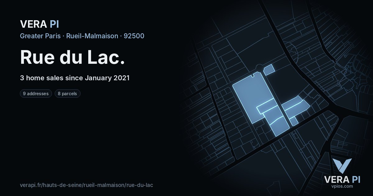 Rue du Lac, Rueil-Malmaison at night – every parcel coloured by the prices around it, the street's own parcels lit