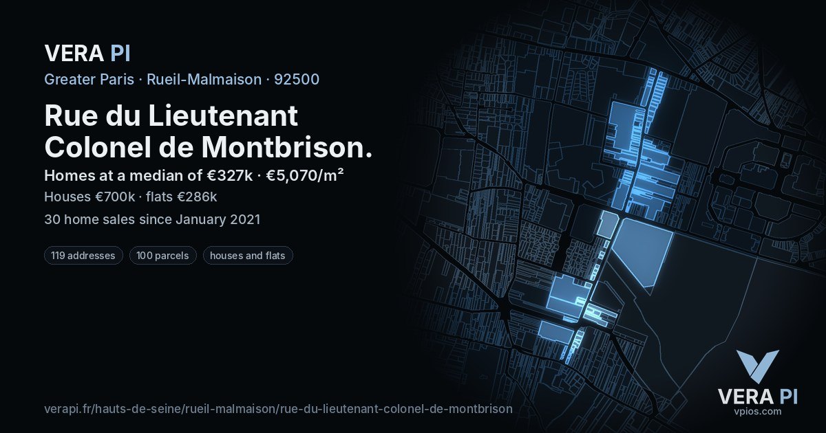 Rue du Lieutenant Colonel de Montbrison, Rueil-Malmaison at night – every parcel coloured by the prices around it, the street's own parcels lit