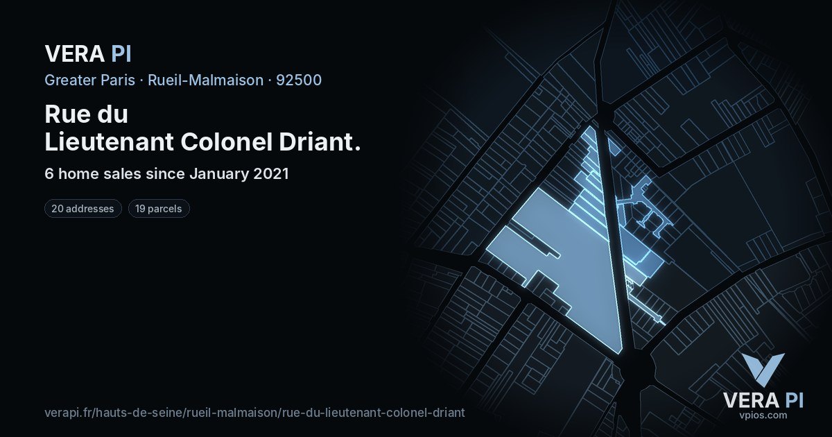 Rue du Lieutenant Colonel Driant, Rueil-Malmaison at night – every parcel coloured by the prices around it, the street's own parcels lit