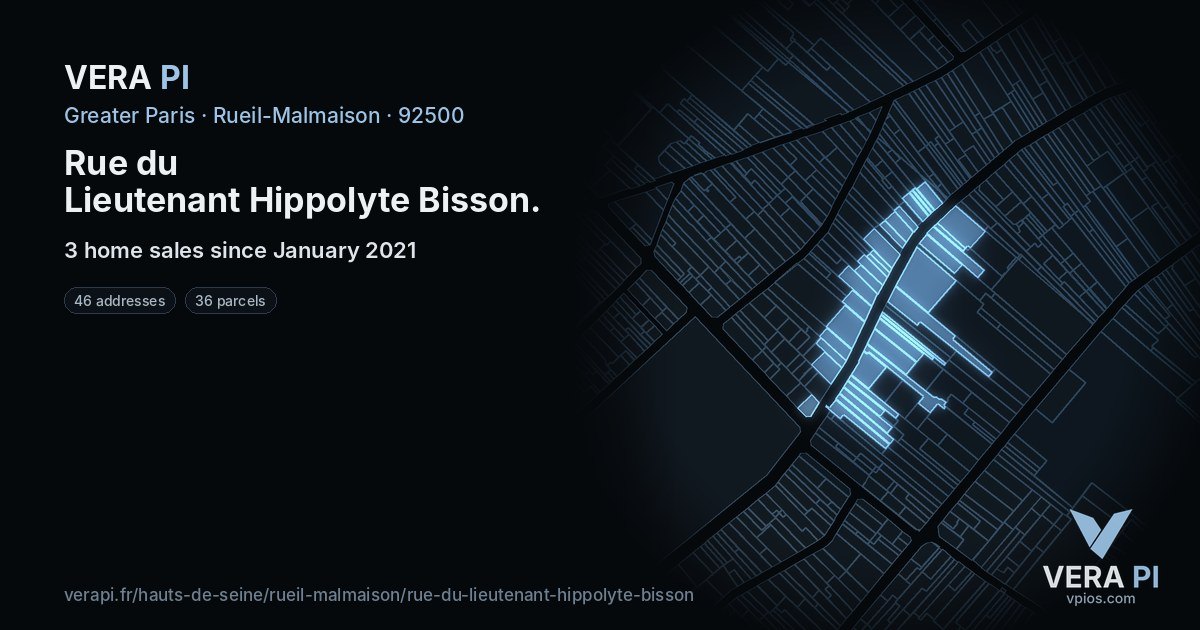 Rue du Lieutenant Hippolyte Bisson, Rueil-Malmaison at night – every parcel coloured by the prices around it, the street's own parcels lit
