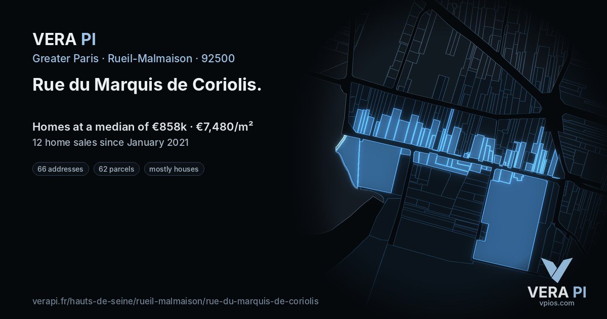 Rue du Marquis de Coriolis, Rueil-Malmaison at night – every parcel coloured by the prices around it, the street's own parcels lit