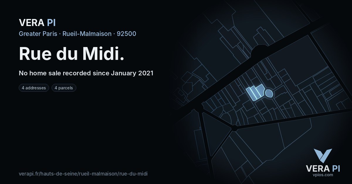 Rue du Midi, Rueil-Malmaison at night – every parcel coloured by the prices around it, the street's own parcels lit