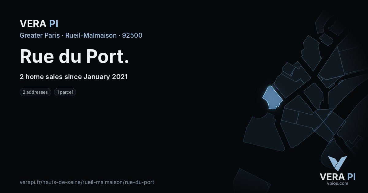 Rue du Port, Rueil-Malmaison at night – every parcel coloured by the prices around it, the street's own parcels lit