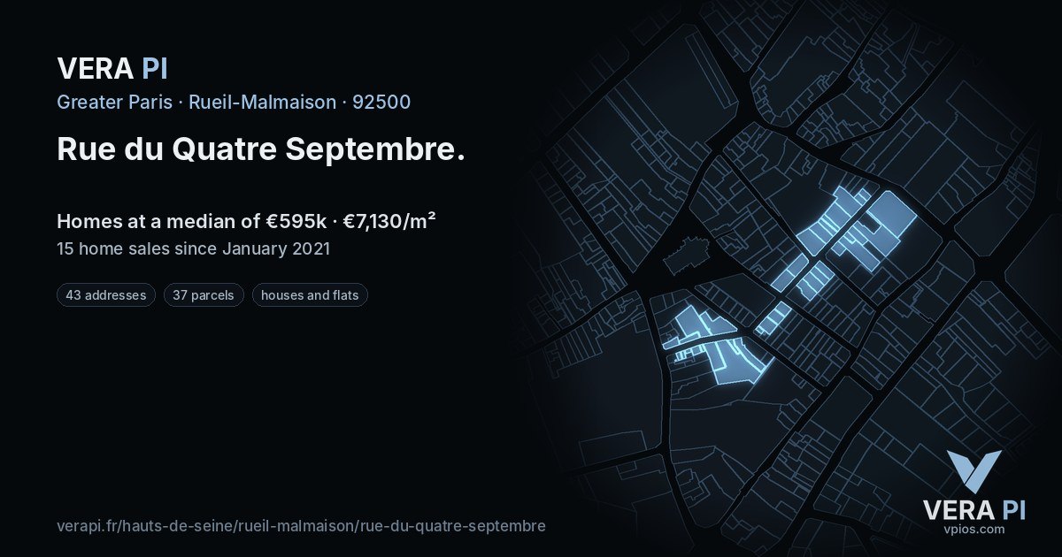 Rue du Quatre Septembre, Rueil-Malmaison at night – every parcel coloured by the prices around it, the street's own parcels lit