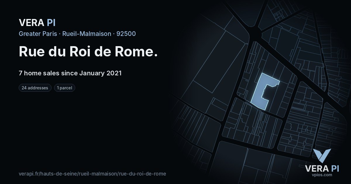 Rue du Roi de Rome, Rueil-Malmaison at night – every parcel coloured by the prices around it, the street's own parcels lit