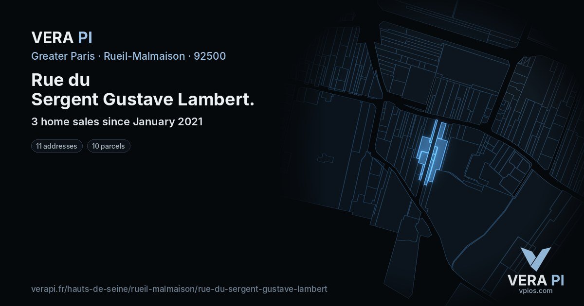 Rue du Sergent Gustave Lambert, Rueil-Malmaison at night – every parcel coloured by the prices around it, the street's own parcels lit