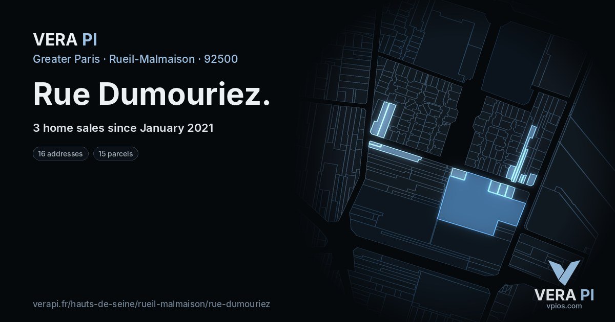 Rue Dumouriez, Rueil-Malmaison at night – every parcel coloured by the prices around it, the street's own parcels lit