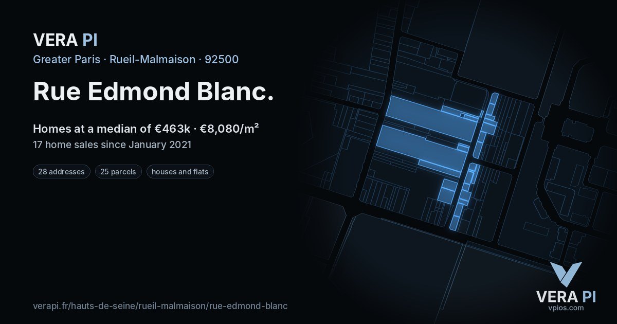 Rue Edmond Blanc, Rueil-Malmaison at night – every parcel coloured by the prices around it, the street's own parcels lit