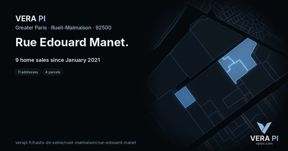 Rue Edouard Manet, Rueil-Malmaison at night – every parcel coloured by the prices around it, the street's own parcels lit
