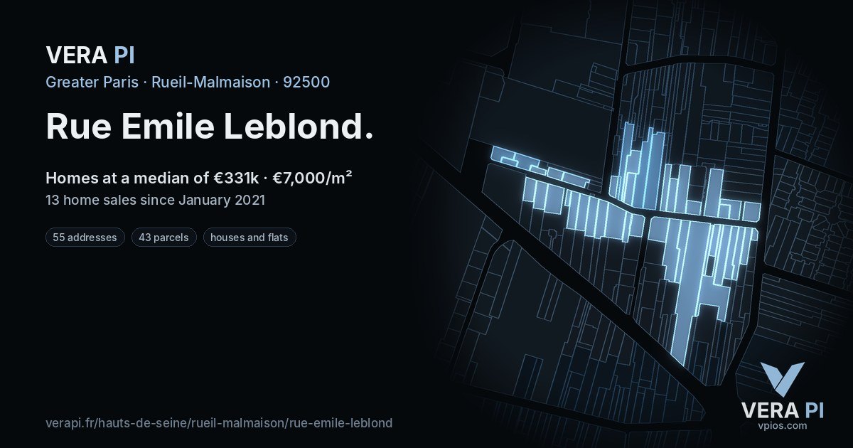 Rue Emile Leblond, Rueil-Malmaison at night – every parcel coloured by the prices around it, the street's own parcels lit