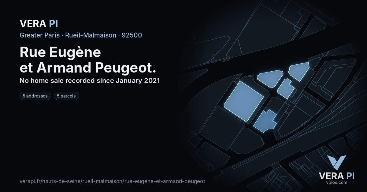 Rue Eugène et Armand Peugeot, Rueil-Malmaison at night – every parcel coloured by the prices around it, the street's own parcels lit