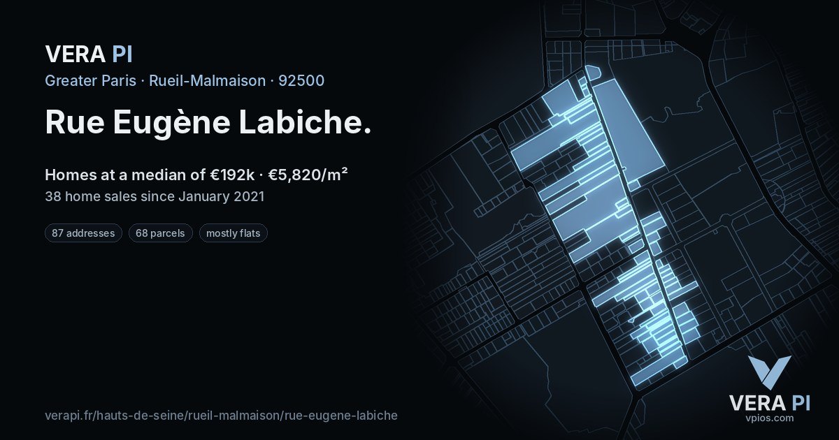 Rue Eugène Labiche, Rueil-Malmaison at night – every parcel coloured by the prices around it, the street's own parcels lit