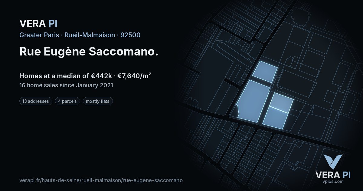Rue Eugène Saccomano, Rueil-Malmaison at night – every parcel coloured by the prices around it, the street's own parcels lit