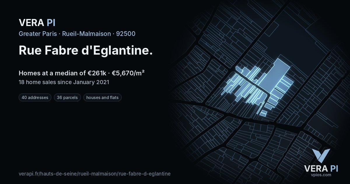 Rue Fabre d'Eglantine, Rueil-Malmaison at night – every parcel coloured by the prices around it, the street's own parcels lit