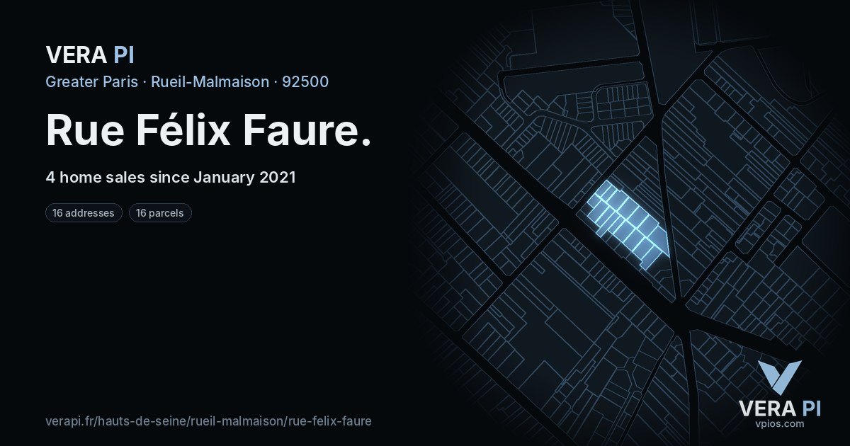 Rue Félix Faure, Rueil-Malmaison at night – every parcel coloured by the prices around it, the street's own parcels lit