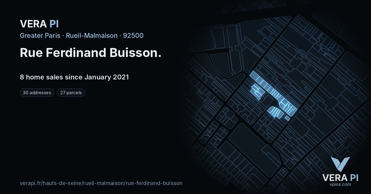 Rue Ferdinand Buisson, Rueil-Malmaison at night – every parcel coloured by the prices around it, the street's own parcels lit