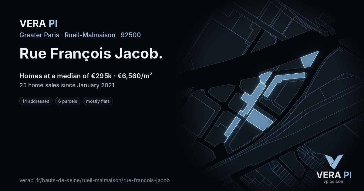 Rue François Jacob, Rueil-Malmaison at night – every parcel coloured by the prices around it, the street's own parcels lit