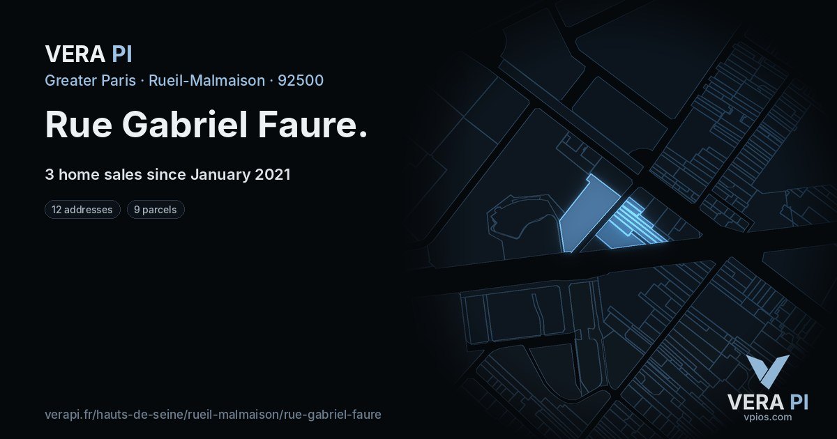 Rue Gabriel Faure, Rueil-Malmaison at night – every parcel coloured by the prices around it, the street's own parcels lit