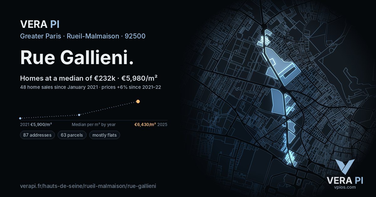 Rue Gallieni, Rueil-Malmaison at night – every parcel coloured by the prices around it, the street's own parcels lit