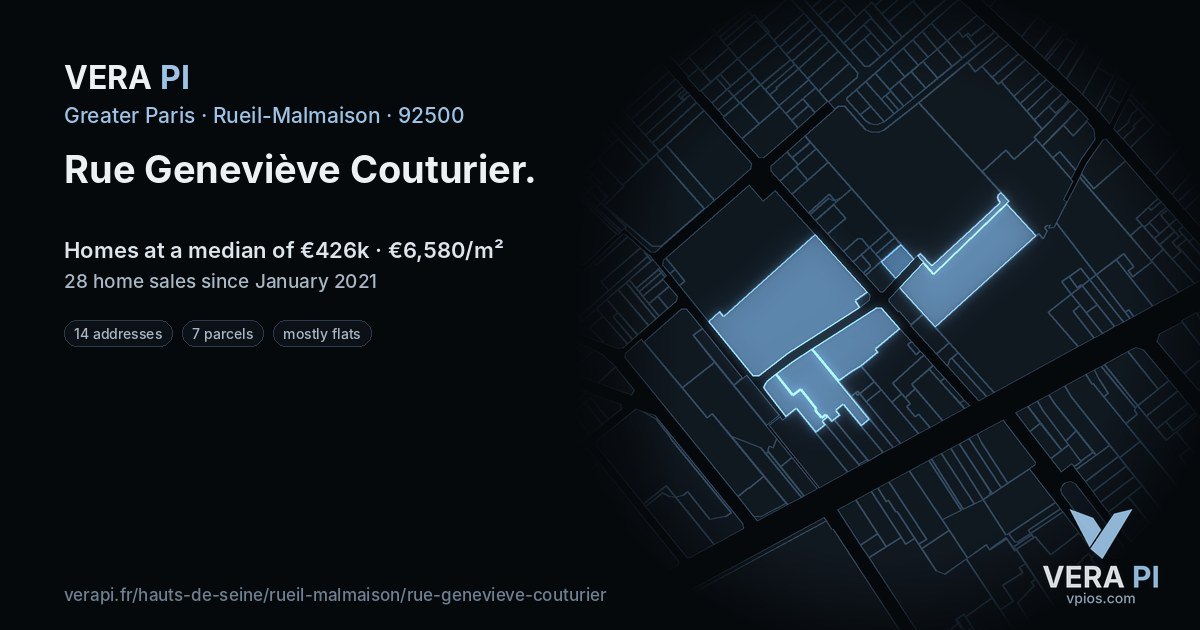 Rue Geneviève Couturier, Rueil-Malmaison at night – every parcel coloured by the prices around it, the street's own parcels lit