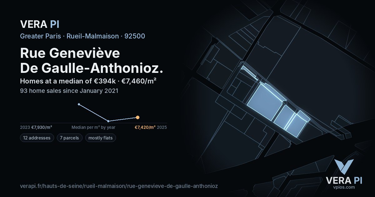 Rue Geneviève De Gaulle-Anthonioz, Rueil-Malmaison at night – every parcel coloured by the prices around it, the street's own parcels lit