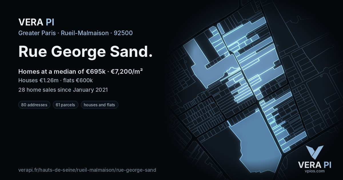 Rue George Sand, Rueil-Malmaison at night – every parcel coloured by the prices around it, the street's own parcels lit