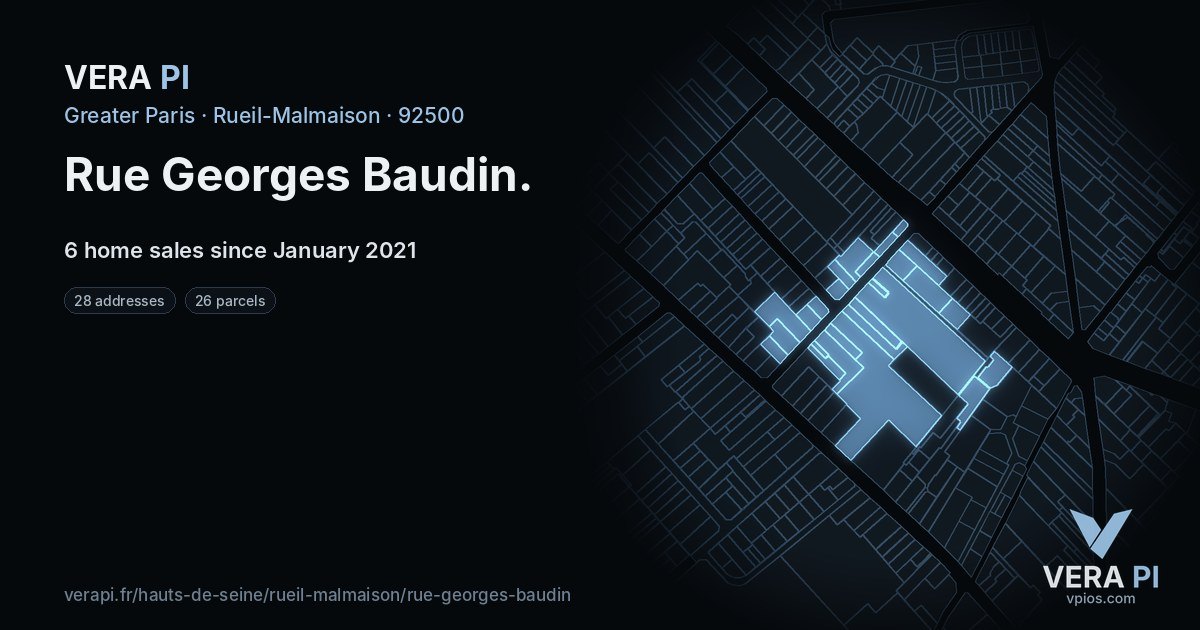 Rue Georges Baudin, Rueil-Malmaison at night – every parcel coloured by the prices around it, the street's own parcels lit