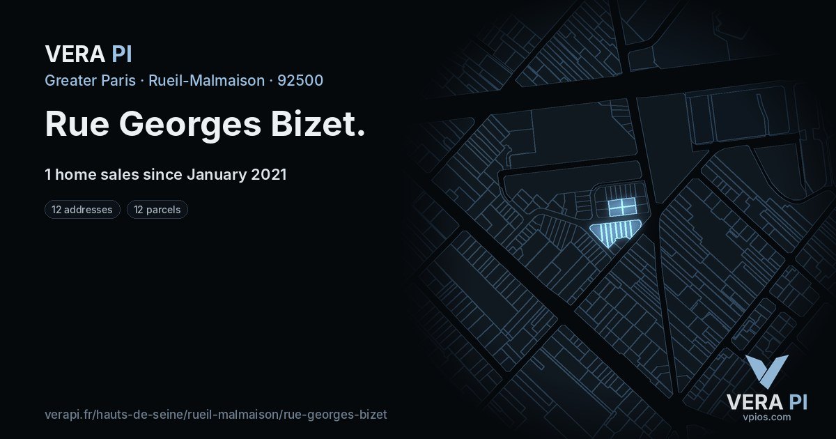 Rue Georges Bizet, Rueil-Malmaison at night – every parcel coloured by the prices around it, the street's own parcels lit