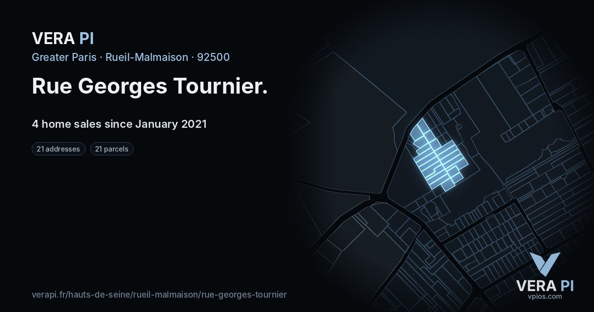 Rue Georges Tournier, Rueil-Malmaison at night – every parcel coloured by the prices around it, the street's own parcels lit