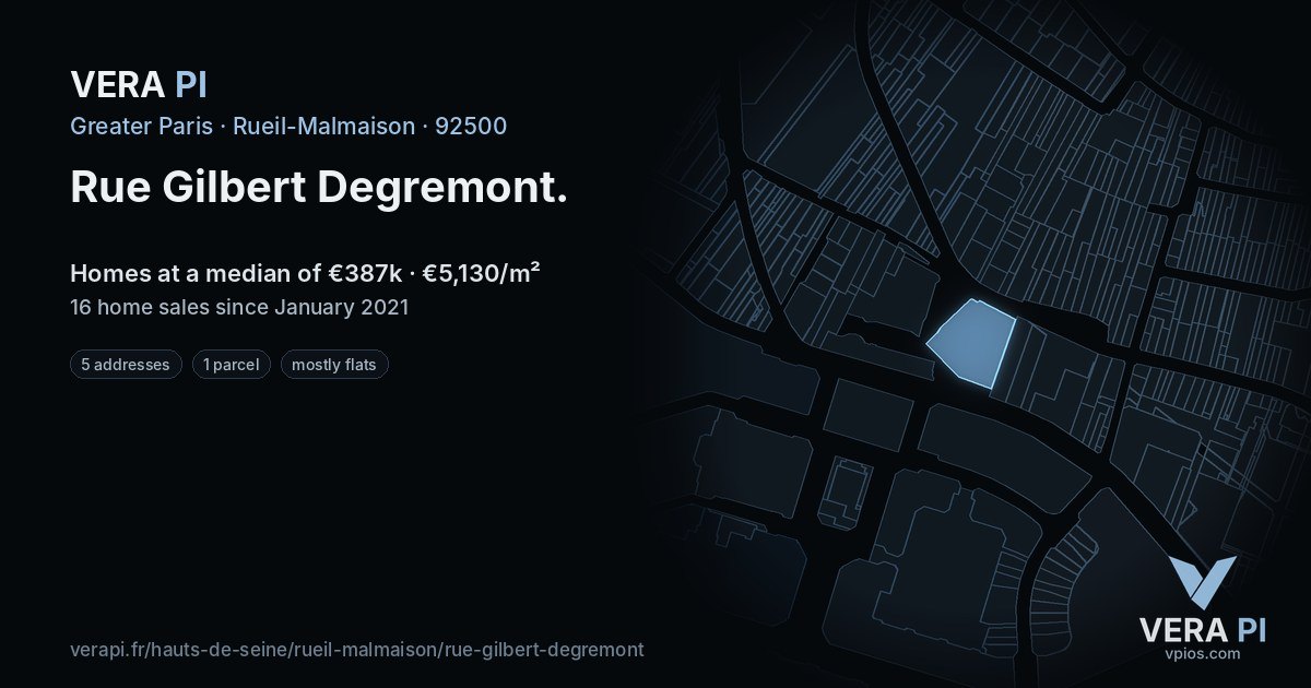 Rue Gilbert Degremont, Rueil-Malmaison at night – every parcel coloured by the prices around it, the street's own parcels lit