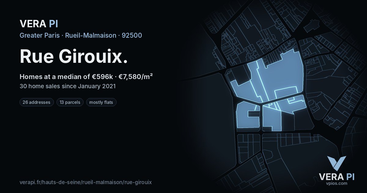 Rue Girouix, Rueil-Malmaison at night – every parcel coloured by the prices around it, the street's own parcels lit