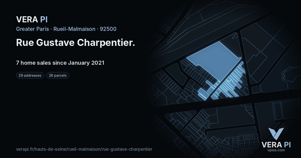 Rue Gustave Charpentier, Rueil-Malmaison at night – every parcel coloured by the prices around it, the street's own parcels lit