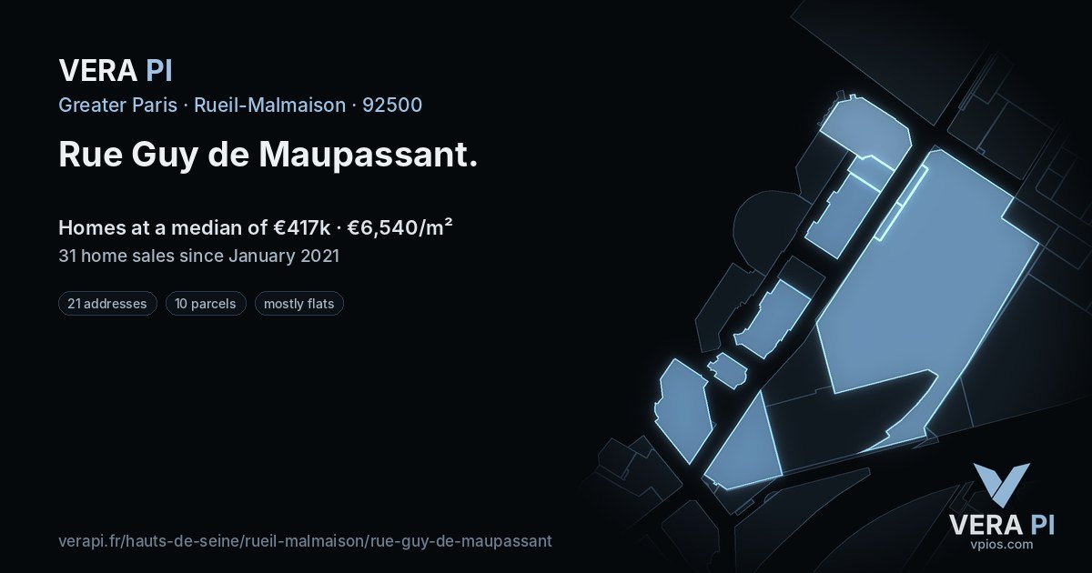 Rue Guy de Maupassant, Rueil-Malmaison at night – every parcel coloured by the prices around it, the street's own parcels lit