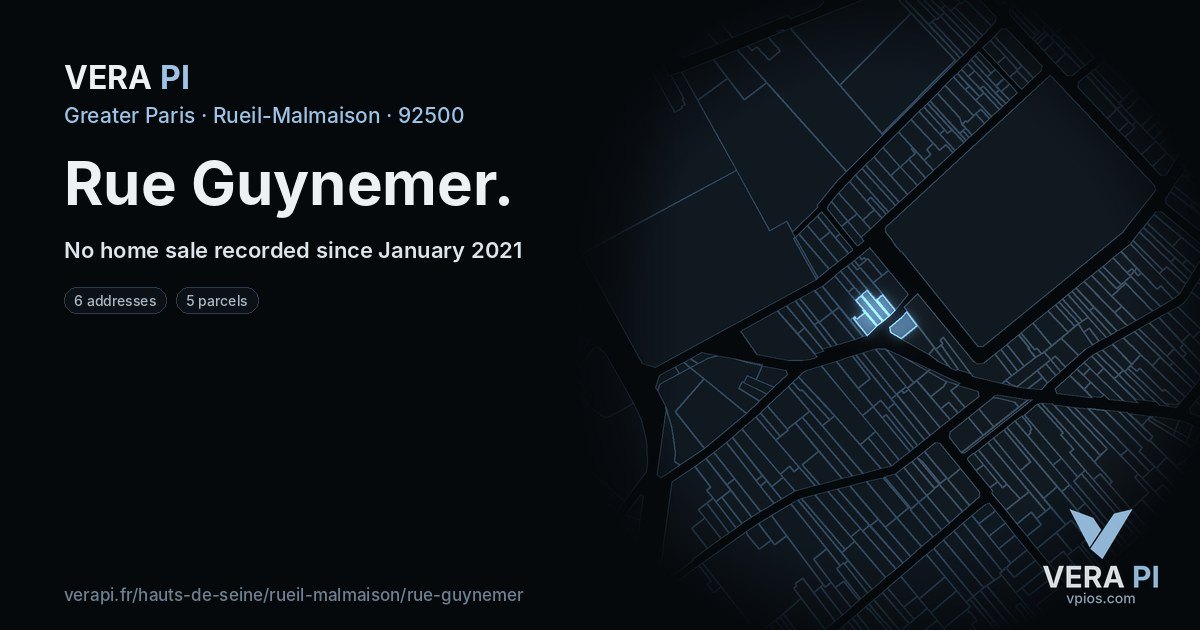 Rue Guynemer, Rueil-Malmaison at night – every parcel coloured by the prices around it, the street's own parcels lit